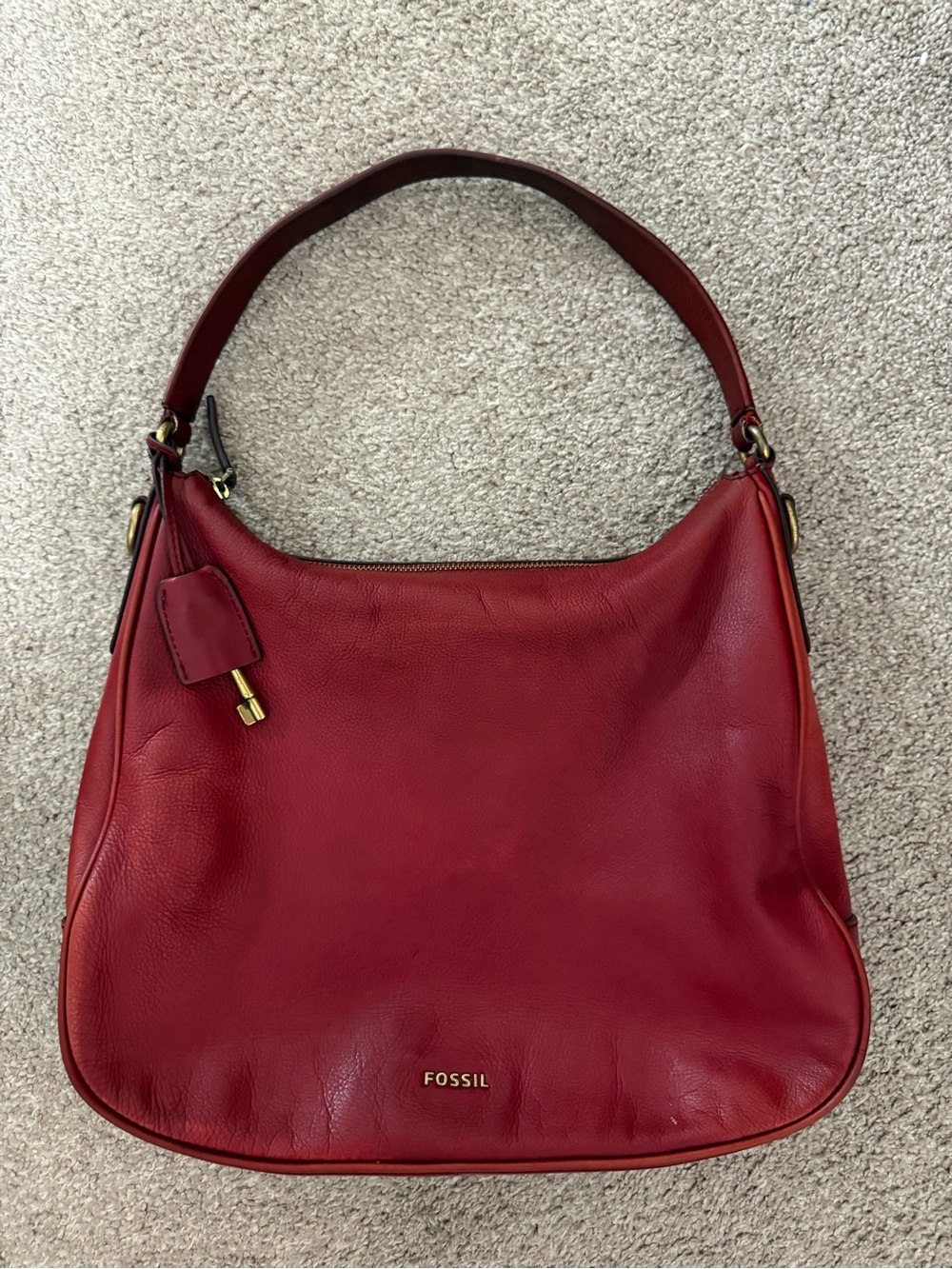 Fossil Red Leather Hobo Shoulder Bag Handbag w/ Key Charm